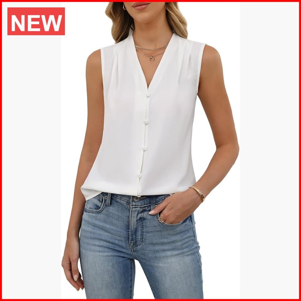 100% Polyester Sleeveless Button Down Tank Top V-… - image 1